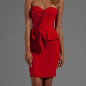 JAYGODFREY Strapless Red Hot Peplum Dress Birch Cascade Mini Womens 6 Cocktail